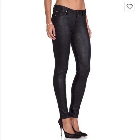 7 For All Mankind Pants Black Knee Seam Crackle Leather Skinny - Picture 3 of 11